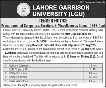 Lahore Garrison University Lahore Tender Notice